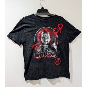 Chucky Wanna Play Graphic T Shirt Black Washed Cotton Men's M Horror Movie